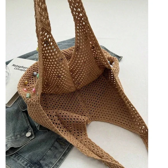 Boho Tan Crochet Multicolor Faux Pearl Shoulder Tote Bag - Picture 5 of 5
